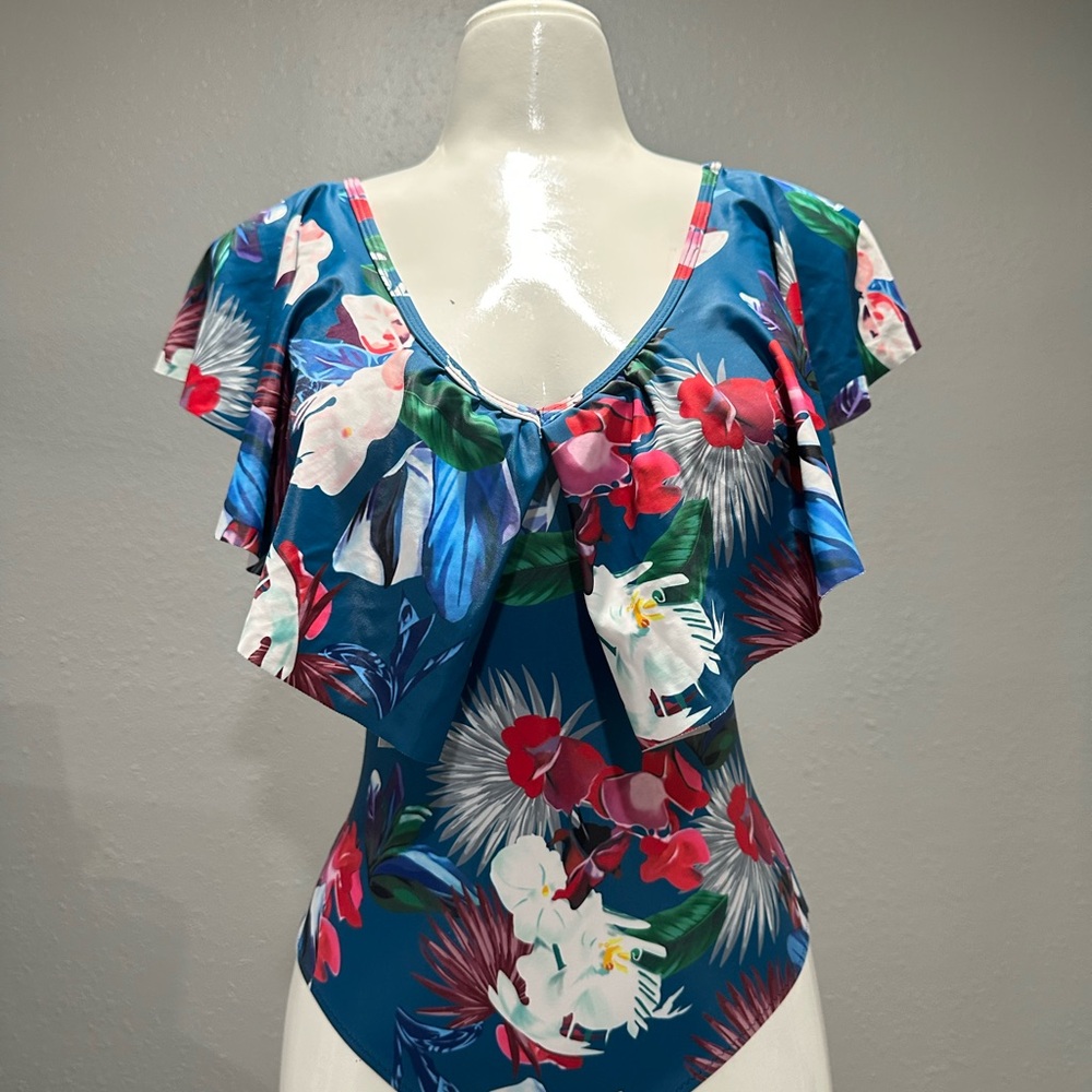 Floral Ruffle Sleeve bodysuit swimsuit
